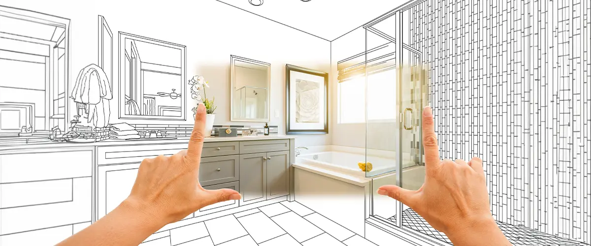 Planning a modern bathroom remodeling in Alpharetta, visualizing a cozy space with a tub, glass shower, grey vanity, and large mirrors.