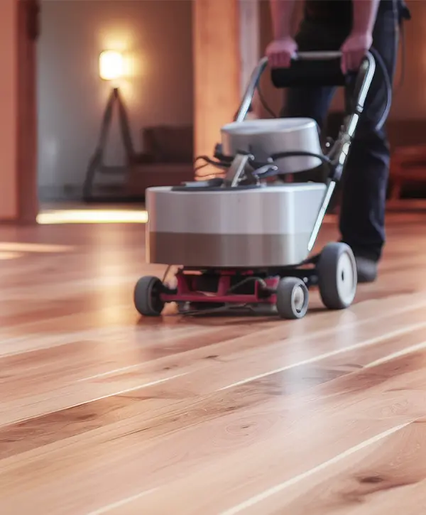 Worker refinishing a hardwood floor with a machine in a large, well-lit room with natural light