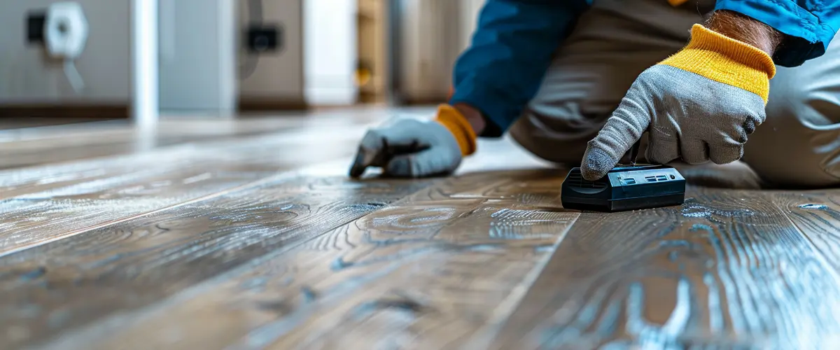 Close-up of a craftsman inspecting hardwood flooring for precision during installation, highlighting professional attention to detail.