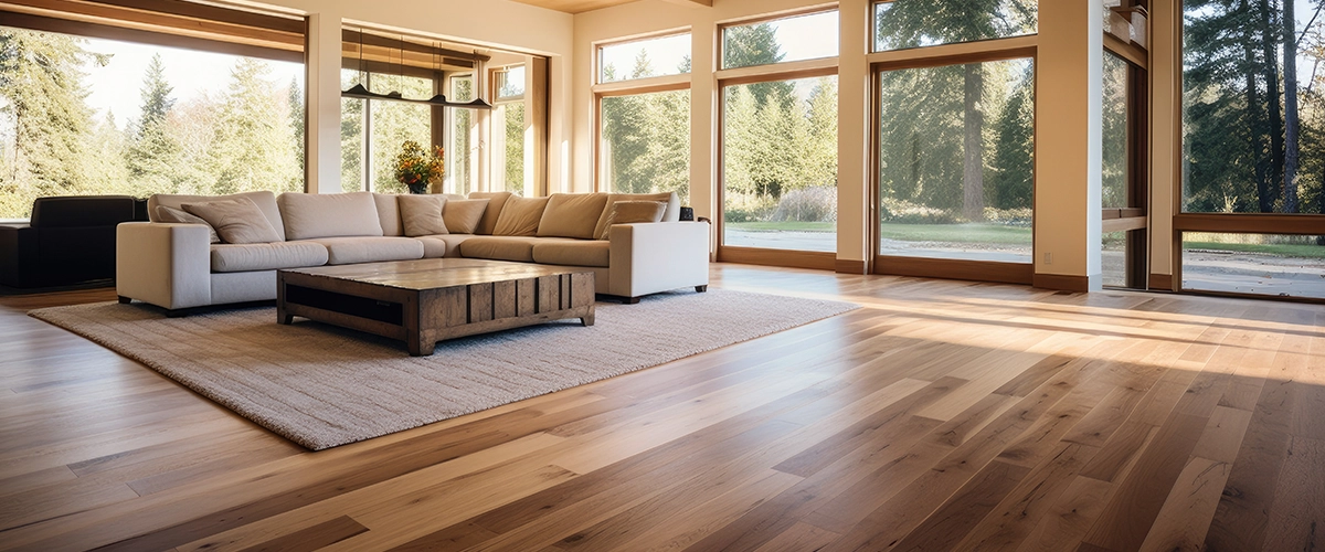 A stunning living room with rich, polished hardwood flooring, elegant furniture, and large windows by Hardwood Flooring Install Services in Milton